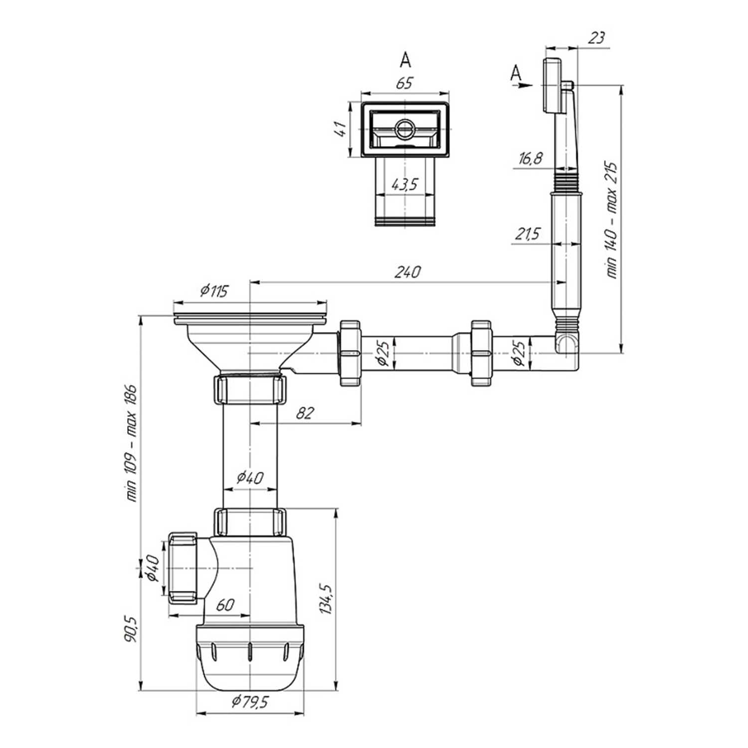Сифон бутылочный 3 1/2"*40 с гибким переливом мойки АНИ ГРОТ А0145S *1/10