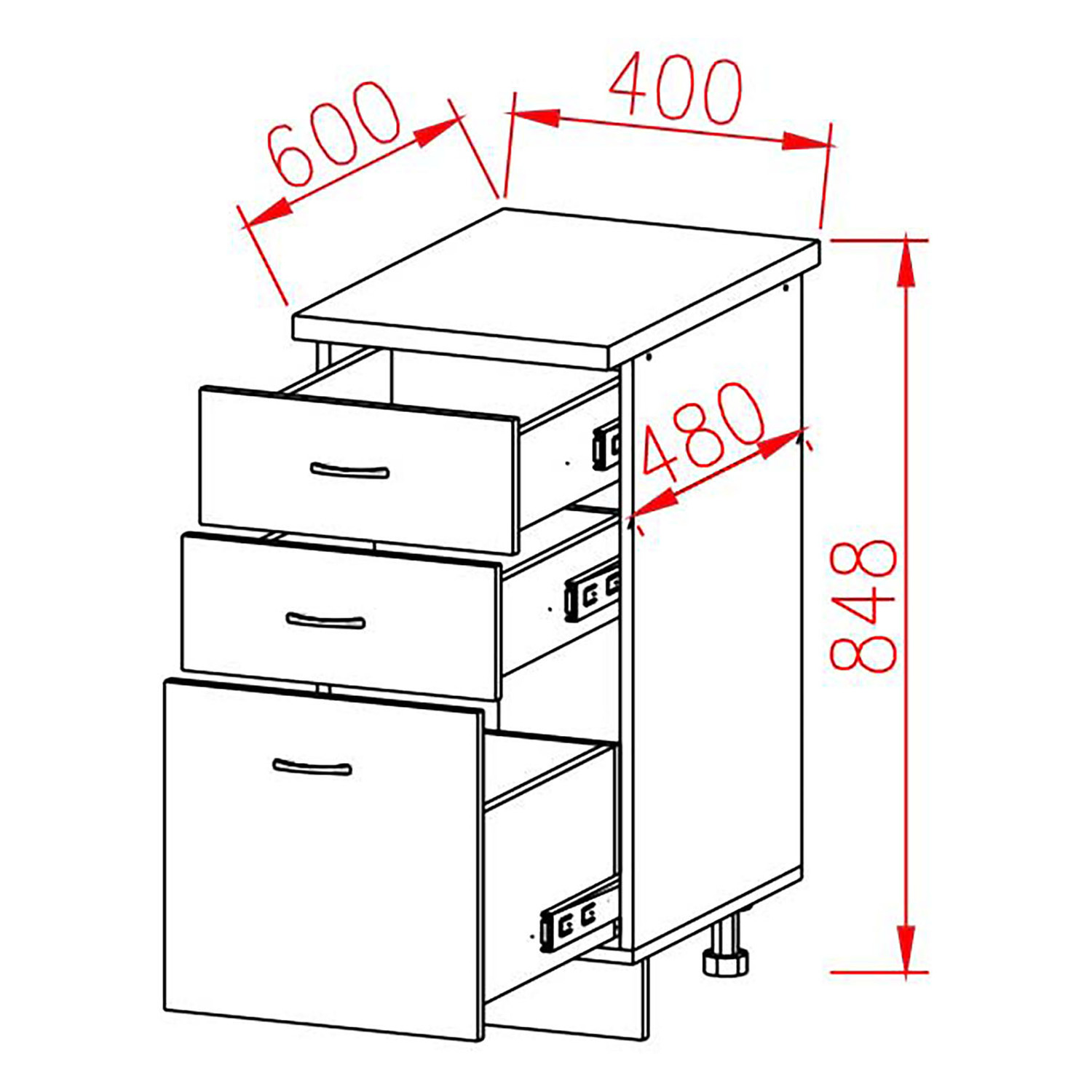 Шкаф напольный 400х850х600 мм BROZEX-WOOD Next, с тремя ящиками, графит