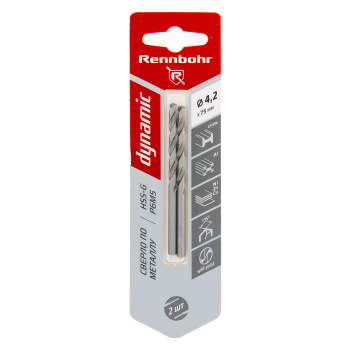 Сверло по металлу 4,20*75/43мм HSS-G P6M5 (2шт) блистер арт.675042 DYNAMIC RENNBOHR *10/40/640 Сверло по металлу 4,20*75/43мм HSS-G P6M5 (2шт) блистер арт.675042 DYNAMIC RENNBOHR *10/40/640